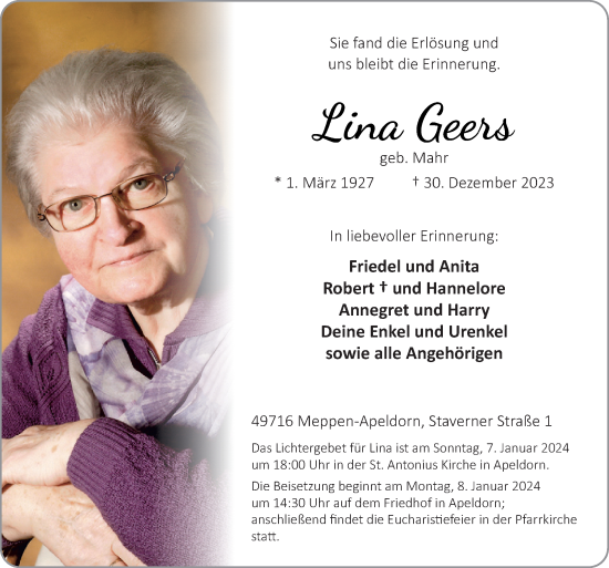 Traueranzeige von Lina Geers von Neue Osnabrücker Zeitung GmbH & Co. KG