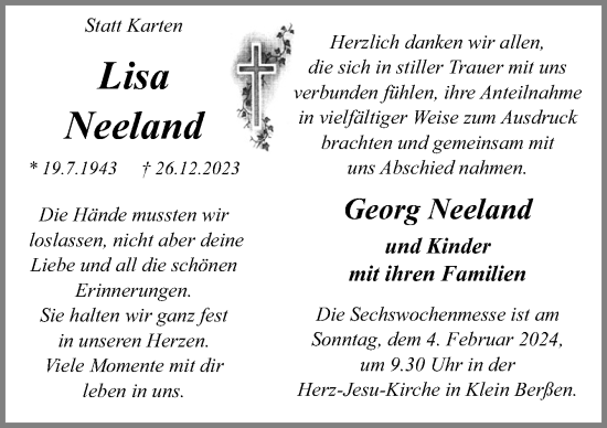 Traueranzeige von Lisa Neeland von Neue Osnabrücker Zeitung GmbH & Co. KG