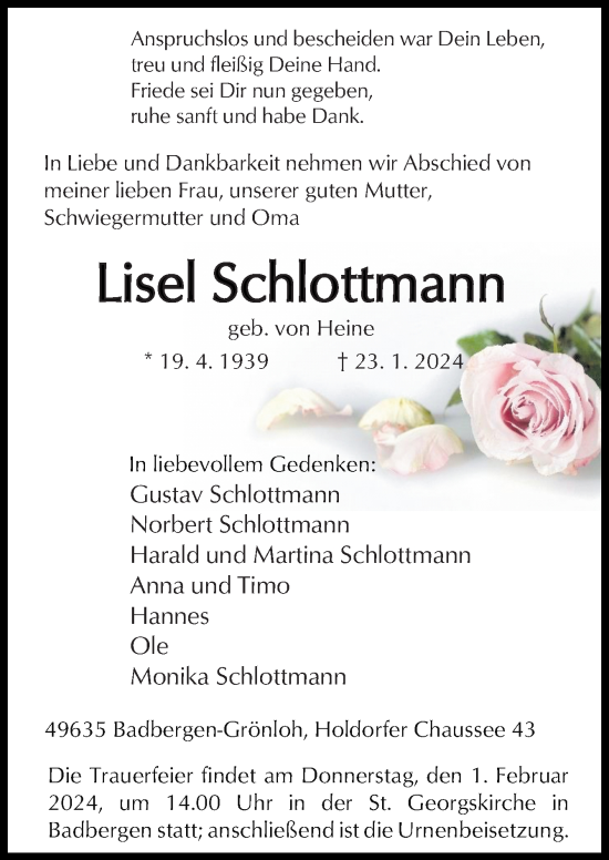 Traueranzeige von Lisel Schlottmann von Neue Osnabrücker Zeitung GmbH & Co. KG