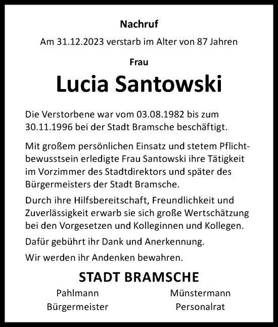 Traueranzeige von Lucia Santowski von Neue Osnabrücker Zeitung GmbH & Co. KG