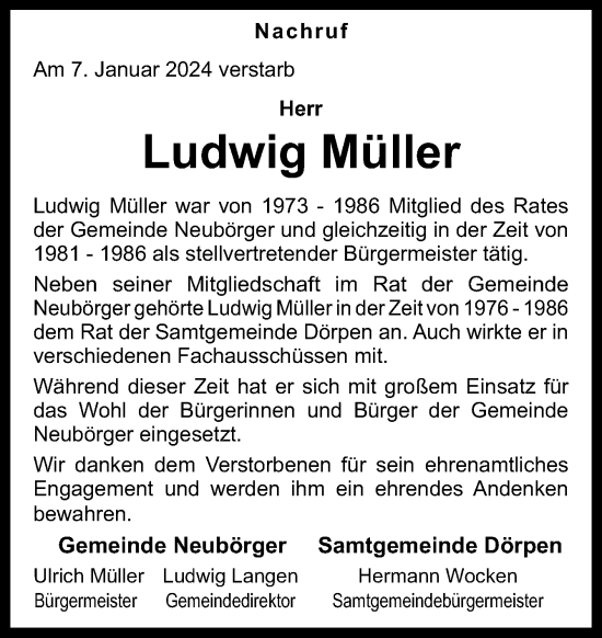 Traueranzeige von Ludwig Müller von Neue Osnabrücker Zeitung GmbH & Co. KG