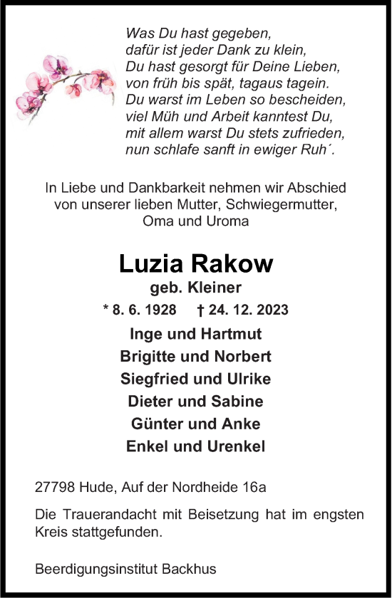 Traueranzeige von Luzia Rakow von DK Medien GmbH & Co. KG