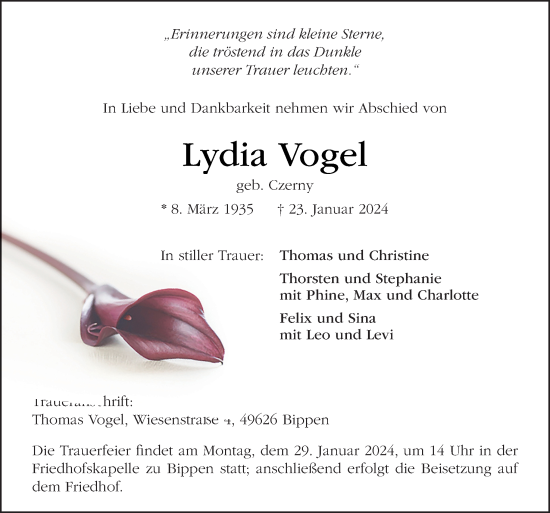 Traueranzeige von Lydia Vogel von Neue Osnabrücker Zeitung GmbH & Co. KG