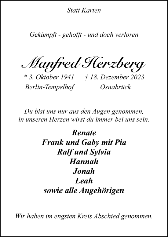 Traueranzeige von Manfred Herzberg von Neue Osnabrücker Zeitung GmbH & Co. KG
