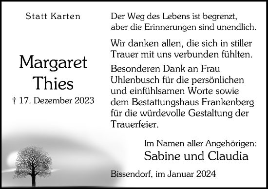 Traueranzeige von Margaret Thies von Neue Osnabrücker Zeitung GmbH & Co. KG