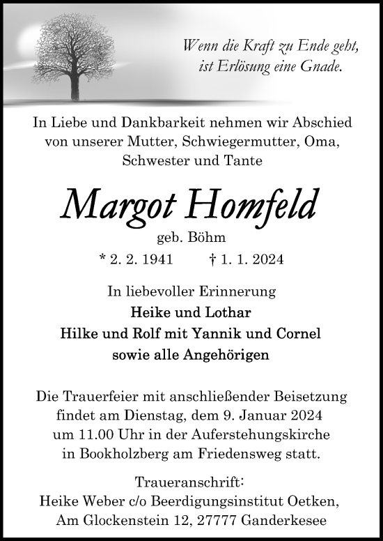 Traueranzeige von Margot Homfeld von DK Medien GmbH & Co. KG