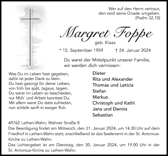 Traueranzeige von Margret Foppe von Neue Osnabrücker Zeitung GmbH & Co. KG