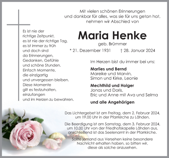 Traueranzeige von Maria Henke von Neue Osnabrücker Zeitung GmbH & Co. KG