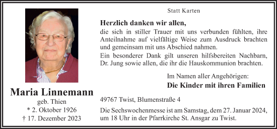 Traueranzeige von Maria Linnemann von Neue Osnabrücker Zeitung GmbH & Co. KG