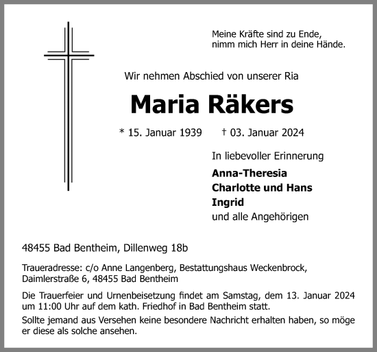 Traueranzeige von Maria Räkers von Neue Osnabrücker Zeitung GmbH & Co. KG