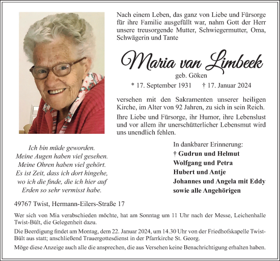 Traueranzeige von Maria  van Limbeek von Neue Osnabrücker Zeitung GmbH & Co. KG