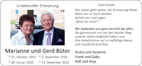 Traueranzeige von Marianne und Gerd Büter von Neue Osnabrücker Zeitung GmbH & Co. KG