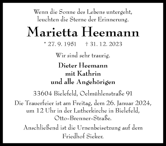 Traueranzeige von Marietta Heemann von Neue Osnabrücker Zeitung GmbH & Co. KG