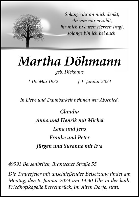 Traueranzeige von Martha Döhmann von Neue Osnabrücker Zeitung GmbH & Co. KG