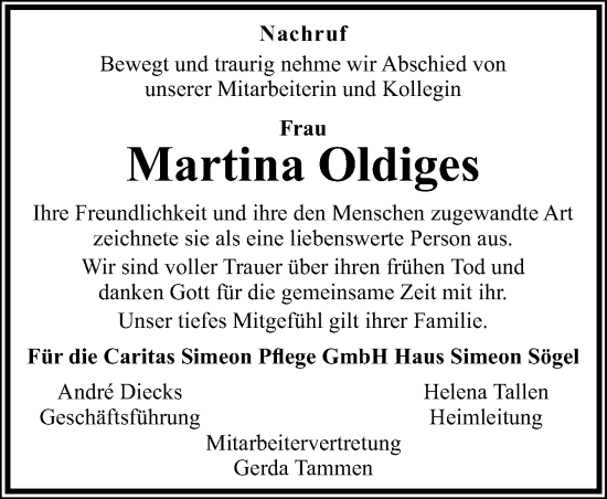 Traueranzeige von Martina Oldiges von Neue Osnabrücker Zeitung GmbH & Co. KG