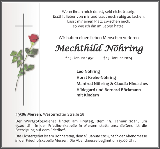 Traueranzeige von Mechthild Nöhring von Neue Osnabrücker Zeitung GmbH & Co. KG