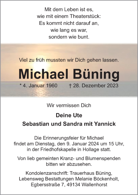 Traueranzeige von Michael Büning von Neue Osnabrücker Zeitung GmbH & Co. KG