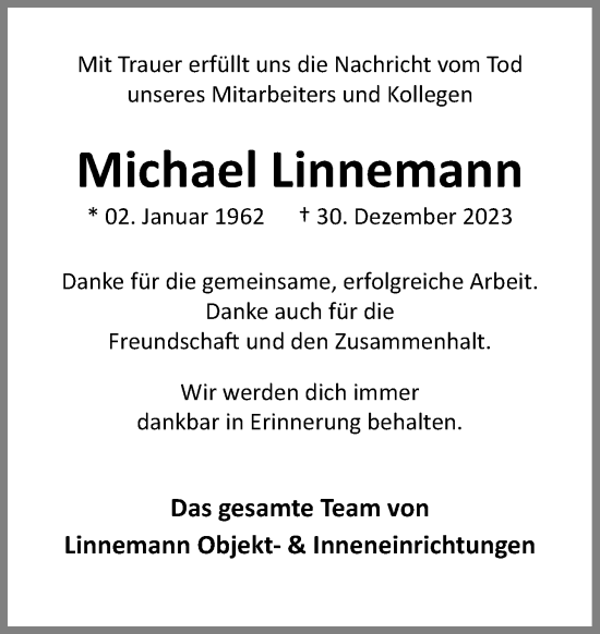 Traueranzeige von Michael Linnemann von Neue Osnabrücker Zeitung GmbH & Co. KG