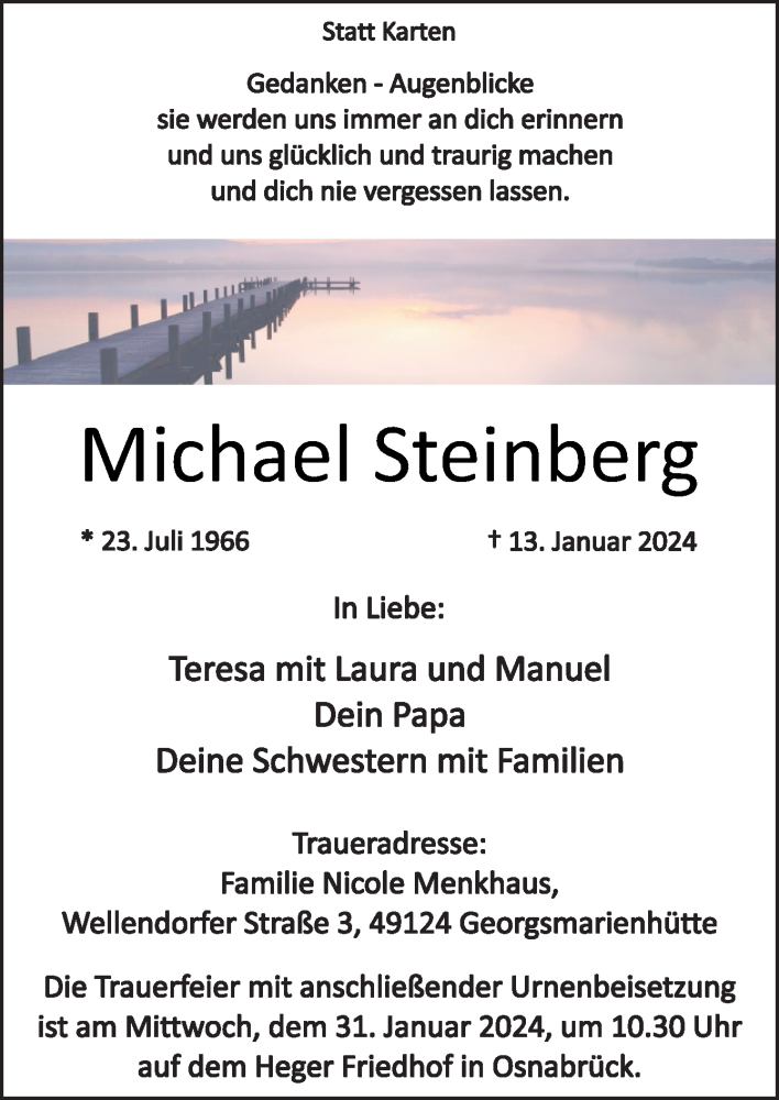  Traueranzeige für Michael Steinberg vom 20.01.2024 aus Neue Osnabrücker Zeitung GmbH & Co. KG
