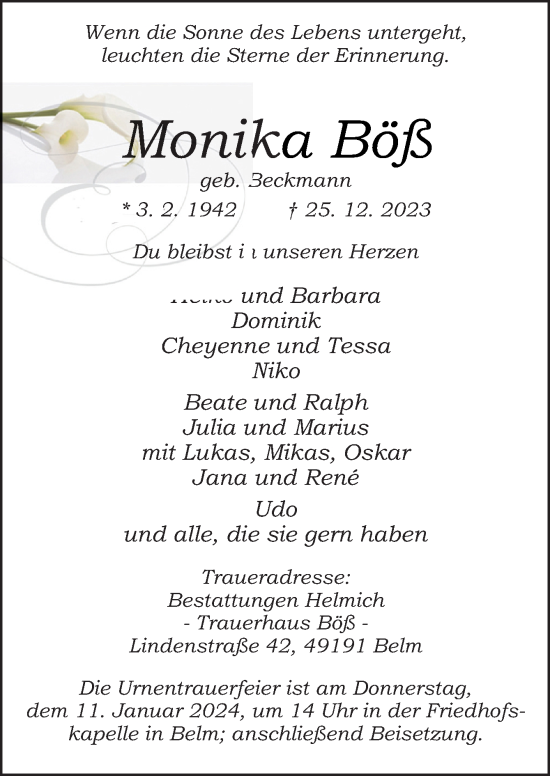 Traueranzeige von Monika Böß von Neue Osnabrücker Zeitung GmbH & Co. KG