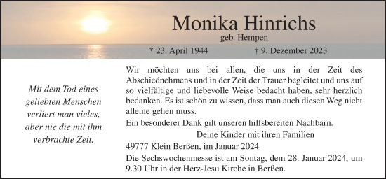 Traueranzeige von Monika Hinrichs von Neue Osnabrücker Zeitung GmbH & Co. KG