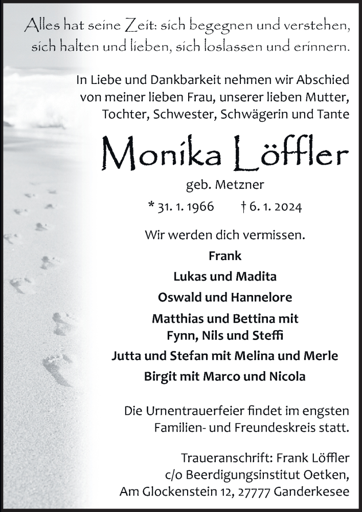  Traueranzeige für Monika Löffler vom 13.01.2024 aus DK Medien GmbH & Co. KG