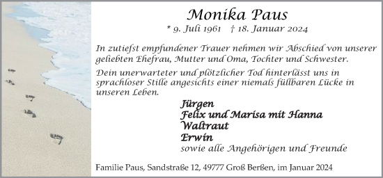 Traueranzeige von Monika Paus von Neue Osnabrücker Zeitung GmbH & Co. KG