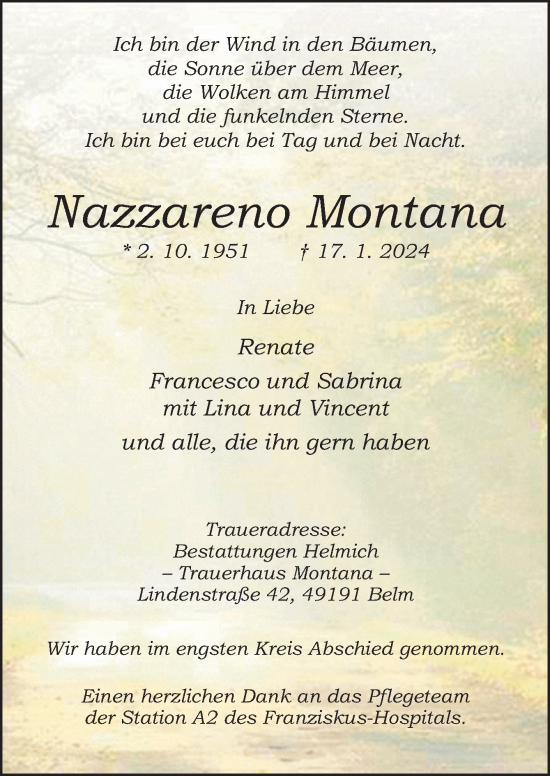 Traueranzeige von Nazzareno Montana von Neue Osnabrücker Zeitung GmbH & Co. KG