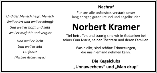 Traueranzeige von Norbert Kramer von Neue Osnabrücker Zeitung GmbH & Co. KG