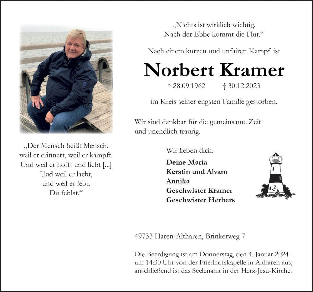  Traueranzeige für Norbert Kramer vom 02.01.2024 aus Neue Osnabrücker Zeitung GmbH & Co. KG