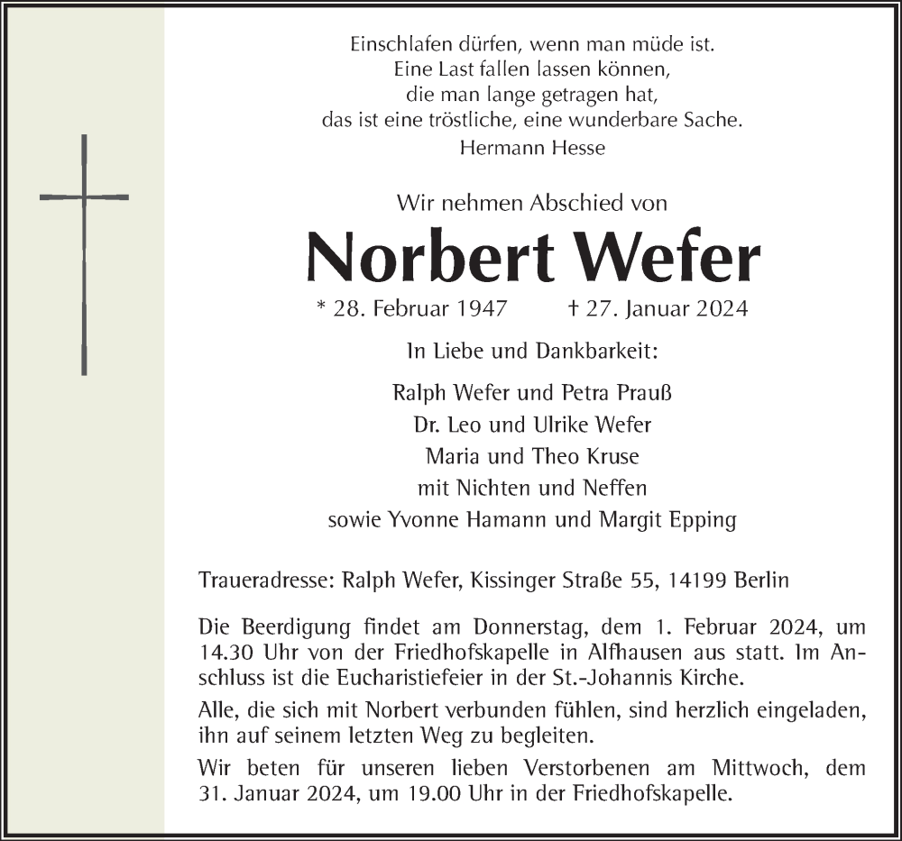  Traueranzeige für Norbert Wefer vom 30.01.2024 aus Neue Osnabrücker Zeitung GmbH & Co. KG