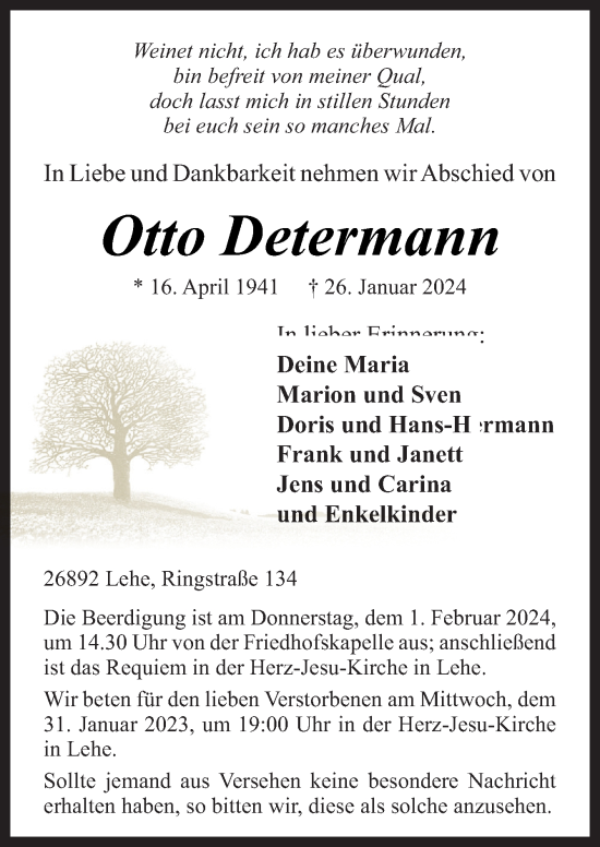 Traueranzeige von Otto Determann von Neue Osnabrücker Zeitung GmbH & Co. KG
