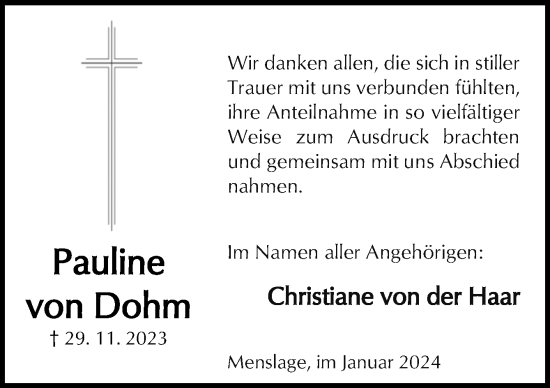 Traueranzeige von Pauline von Dohm von Neue Osnabrücker Zeitung GmbH & Co. KG