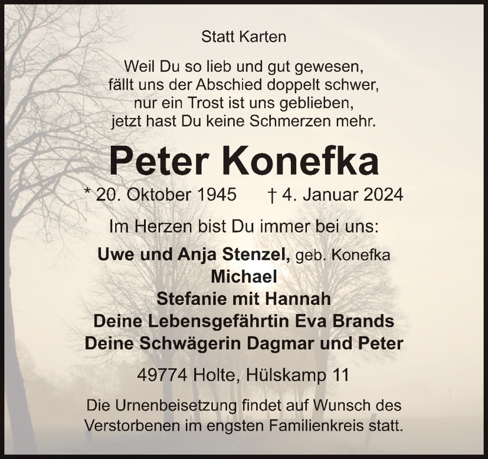  Traueranzeige für Peter Konefka vom 06.01.2024 aus Neue Osnabrücker Zeitung GmbH & Co. KG