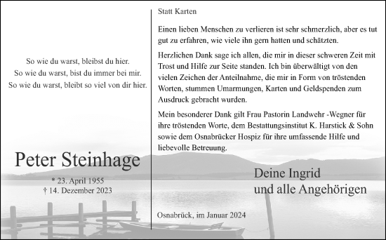 Traueranzeige von Peter Steinhage von Neue Osnabrücker Zeitung GmbH & Co. KG