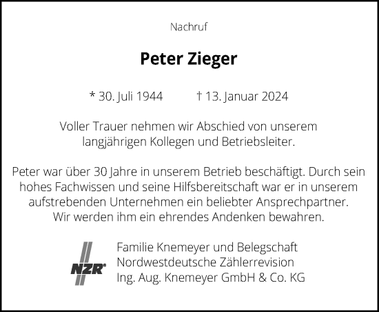 Traueranzeige von Peter Zieger von Neue Osnabrücker Zeitung GmbH & Co. KG