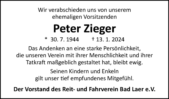 Traueranzeige von Peter Zieger von Neue Osnabrücker Zeitung GmbH & Co. KG