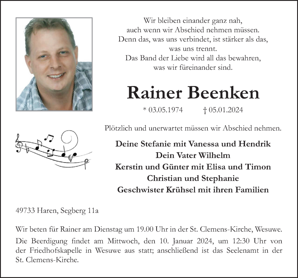  Traueranzeige für Rainer Beenken vom 08.01.2024 aus Neue Osnabrücker Zeitung GmbH & Co. KG