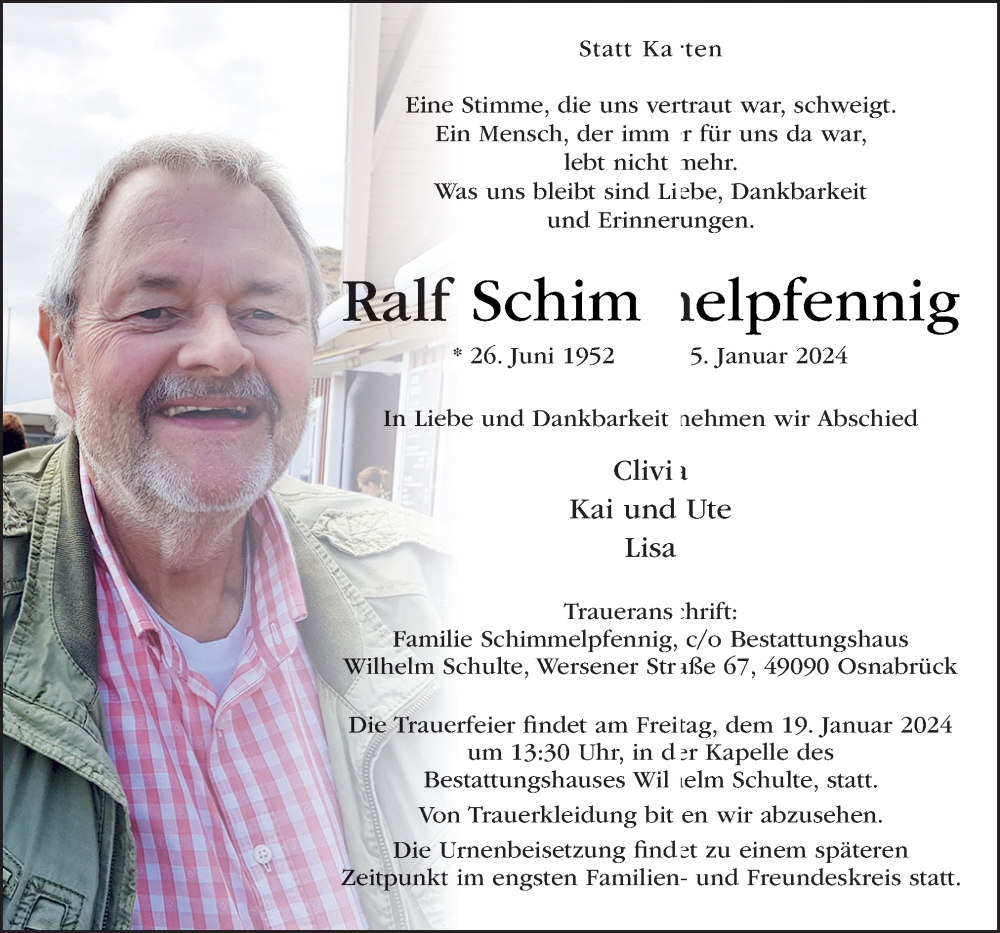 Traueranzeigen Von Ralf Schimmelpfennig Noz Trauerportal