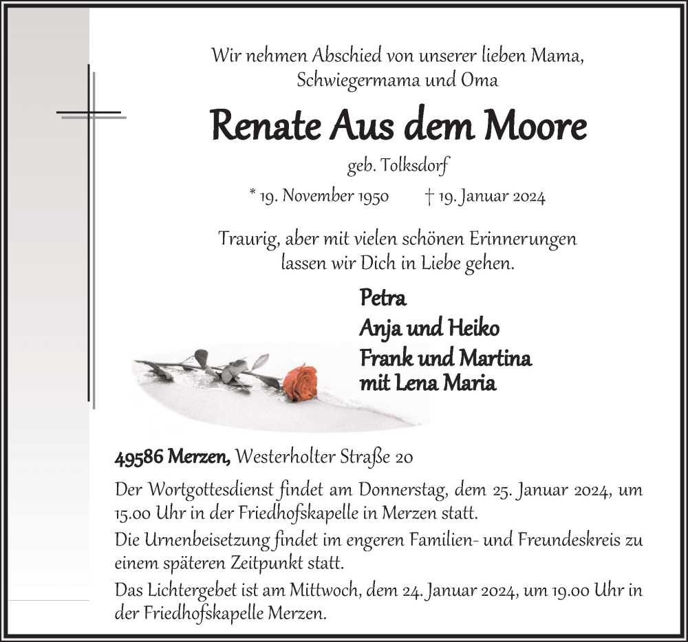  Traueranzeige für Reenate Aus dem Moore vom 22.01.2024 aus Neue Osnabrücker Zeitung GmbH & Co. KG