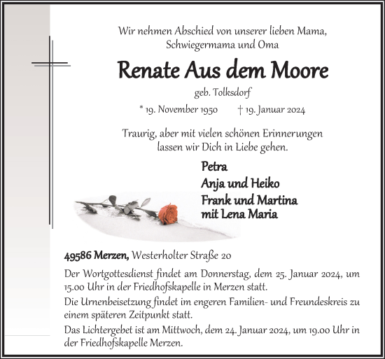 Traueranzeige von Reenate Aus dem Moore von Neue Osnabrücker Zeitung GmbH & Co. KG