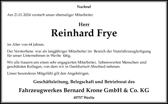 Traueranzeige von Reinhard Frye von Neue Osnabrücker Zeitung GmbH & Co. KG