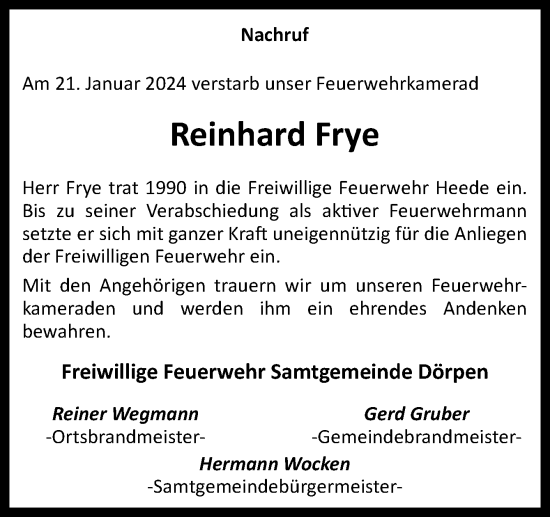 Traueranzeige von Reinhard Frye von Neue Osnabrücker Zeitung GmbH & Co. KG