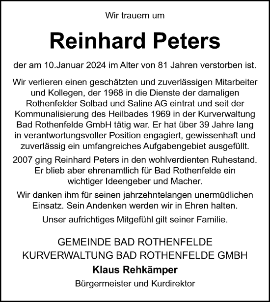 Traueranzeige von Reinhard Peters von Neue Osnabrücker Zeitung GmbH & Co. KG