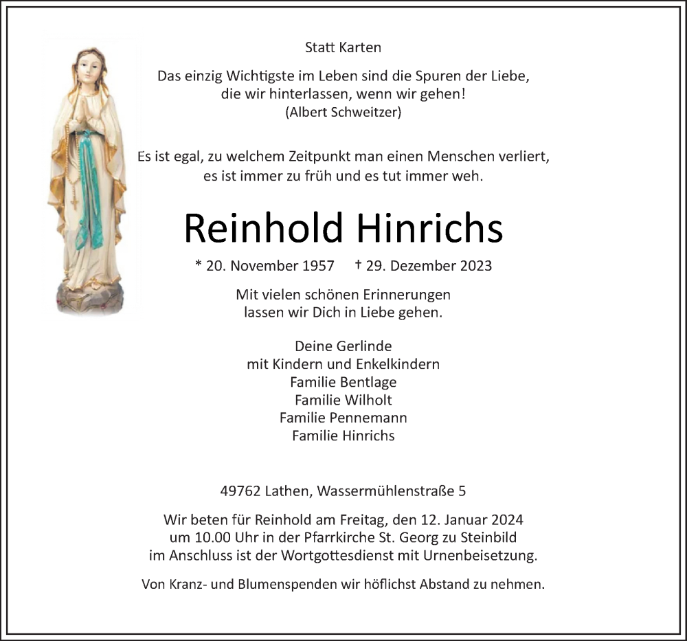  Traueranzeige für Reinhold Hinrichs vom 02.01.2024 aus Neue Osnabrücker Zeitung GmbH & Co. KG