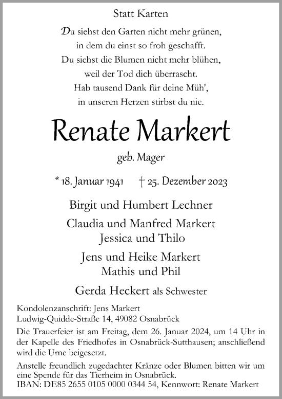 Traueranzeige von Renate Markert von Neue Osnabrücker Zeitung GmbH & Co. KG