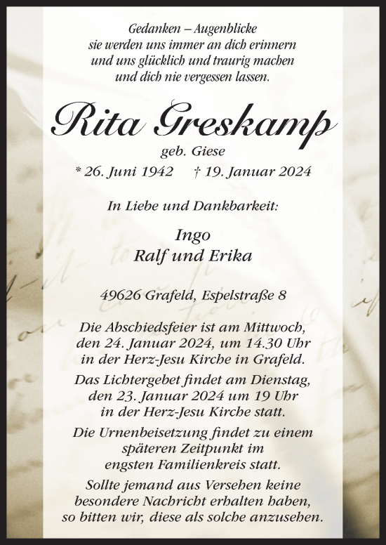 Traueranzeige von Rita Greskamp von Neue Osnabrücker Zeitung GmbH & Co. KG