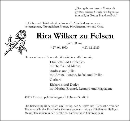 Traueranzeige von Rita Wilker zu Felsen von Neue Osnabrücker Zeitung GmbH & Co. KG
