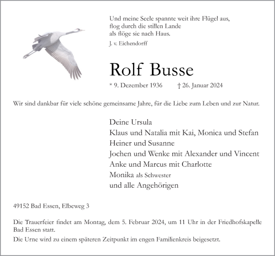 Traueranzeige von Rolf Busse von Neue Osnabrücker Zeitung GmbH & Co. KG