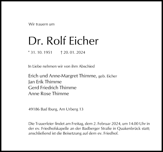 Traueranzeige von Rolf Eicher von Neue Osnabrücker Zeitung GmbH & Co. KG